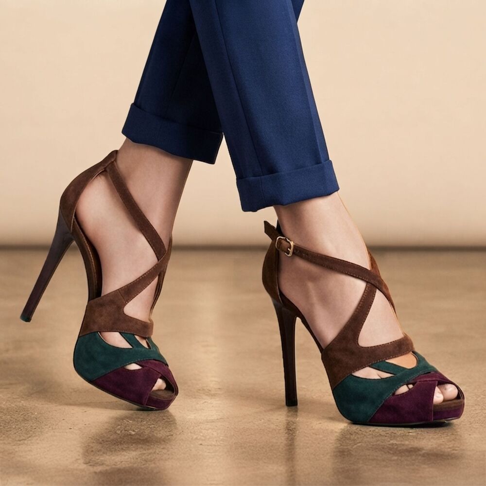 NEW Ralph Lauren Purple Label Suede Colorblock Strappy Sandals Made in Italy 40